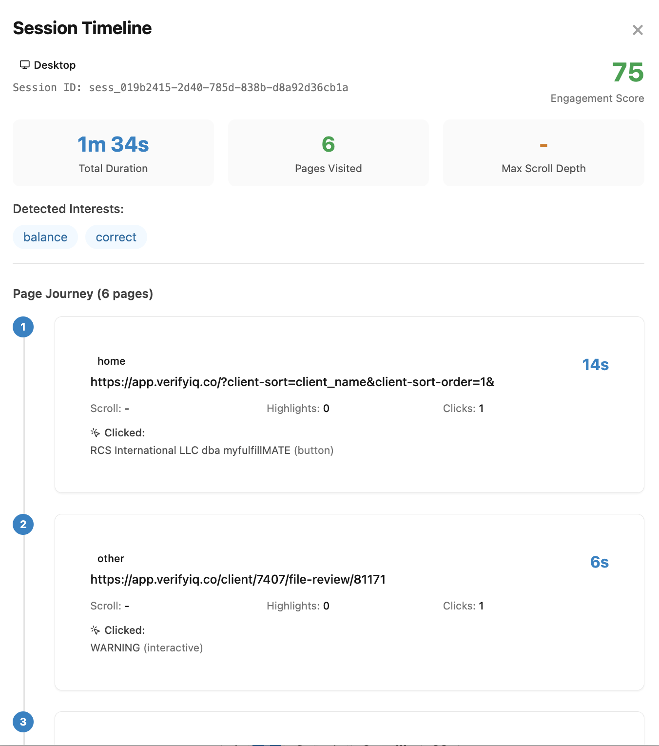 Session detail view showing timeline, interactions, and behavioral highlights